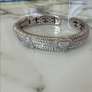 Judith Ripka Sterling silver CZ heart hinged cuff bracelet